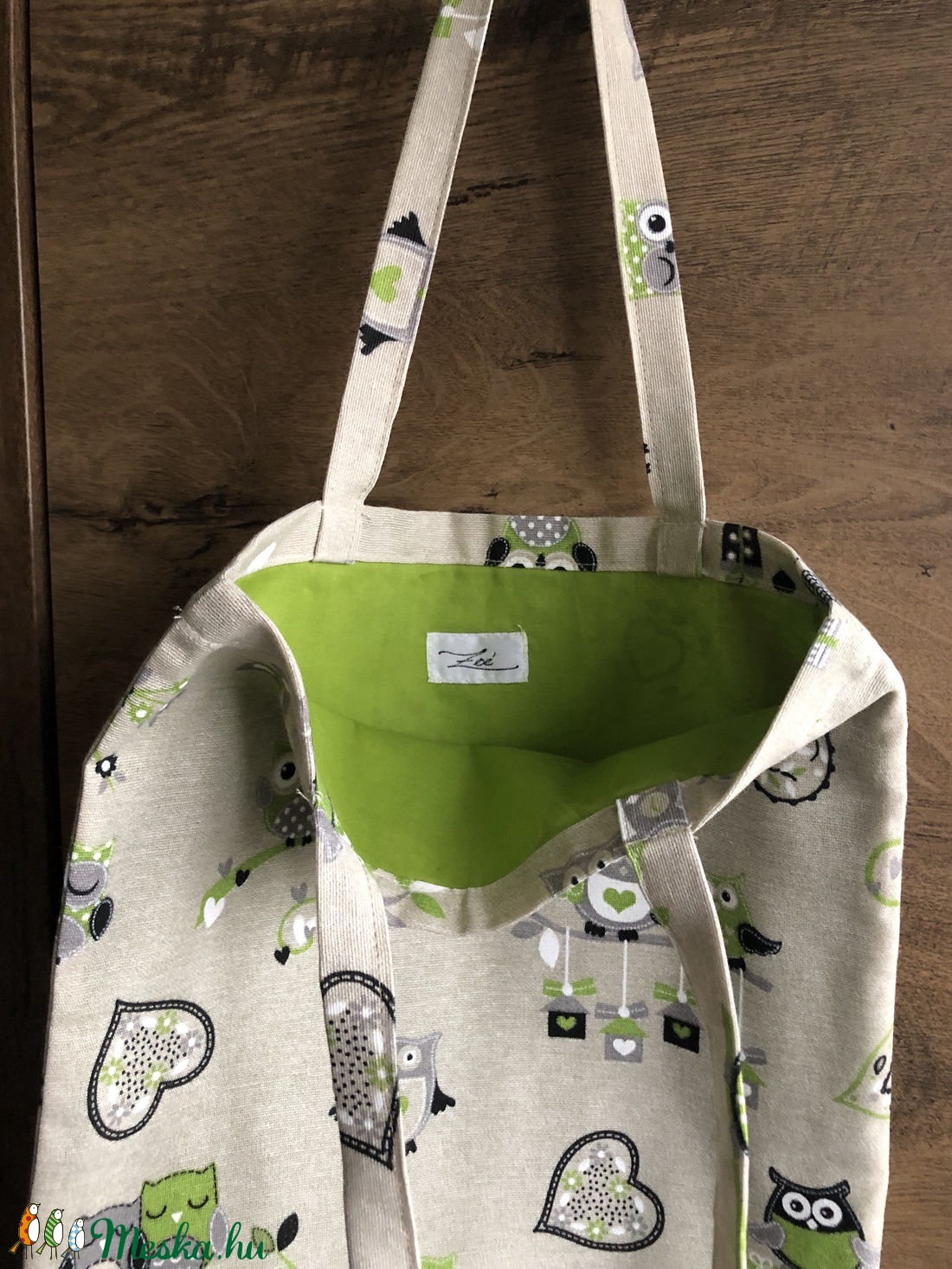 Textil szatyor zöld bagoly mintával - táska & tok - bevásárlás & shopper táska - shopper, textiltáska, szatyor - Meska.hu