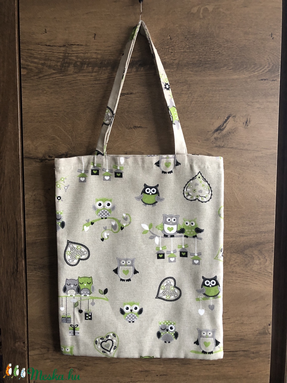 Textil szatyor zöld bagoly mintával - táska & tok - bevásárlás & shopper táska - shopper, textiltáska, szatyor - Meska.hu
