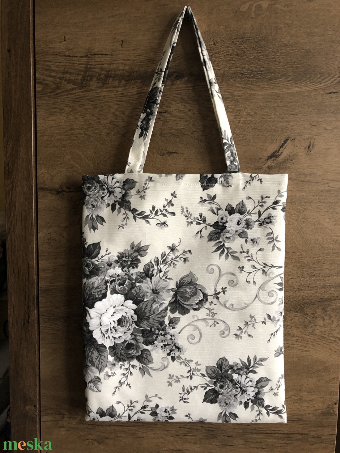 Textil szatyor szürke rózsa mintával - táska & tok - bevásárlás & shopper táska - shopper, textiltáska, szatyor - Meska.hu