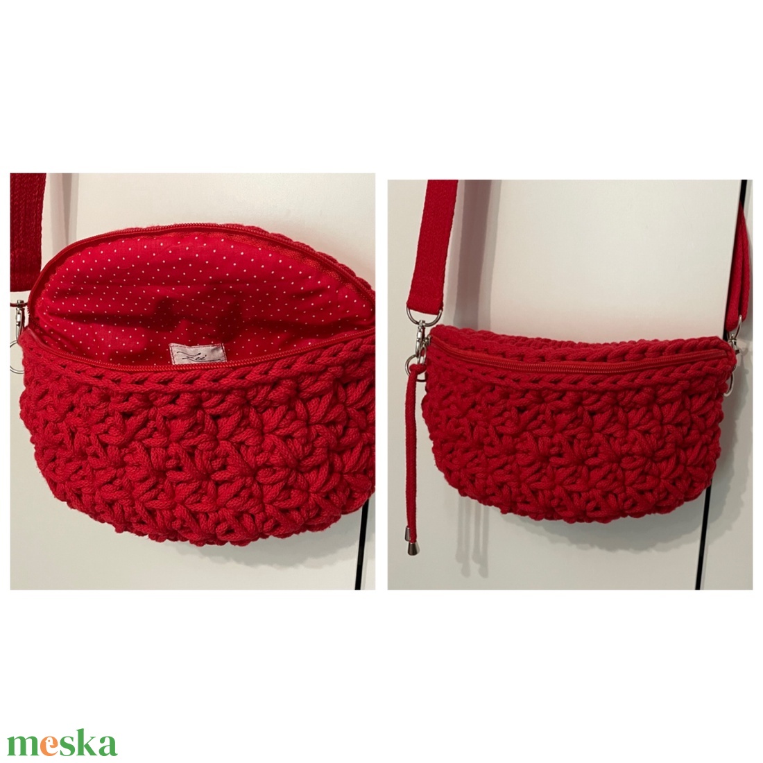 Szürke,piros horgolt crossbody táska,övtáska - táska & tok - kézitáska & válltáska - válltáska - Meska.hu