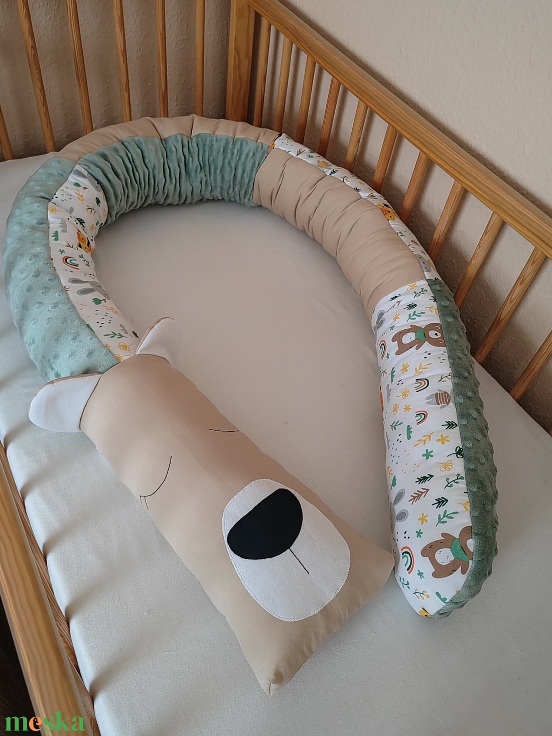 ,,ZOLICA Állatfejes hengerpárna/rácsvédő MACI - bézs, állatos, zsálya - otthon & életmód - babaszoba, gyerekszoba - rácsvédő & baldachin - Meska.hu