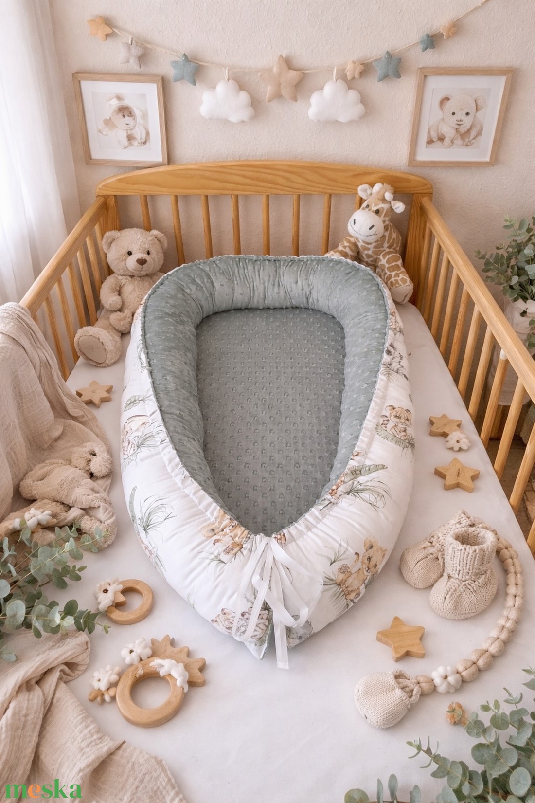 ,,ZOLICA Csepp alakú babafészek - Vadállat kölykök, zsálya - baba - mama - baba ágynemű - babafészek - Meska.hu