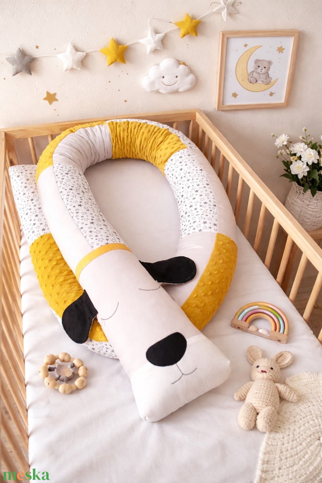 ,,ZOLICA Állatfejes hengerpárna/rácsvédő KUTYUS - szürke, okker - baba - mama - baba ágynemű - rácsvédő & baldachin - Meska.hu
