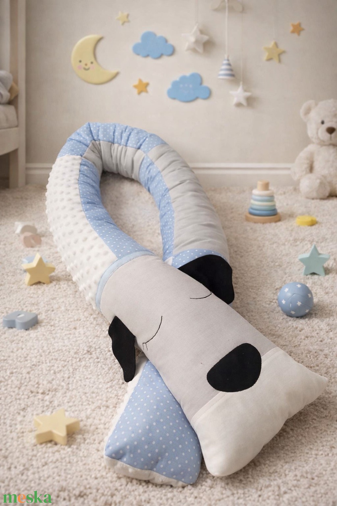 ,,ZOLICA Állatfejes hengerpárna/rácsvédő KUTYUS - szürke, fehér, kék - baba - mama - baba ágynemű - rácsvédő & baldachin - Meska.hu