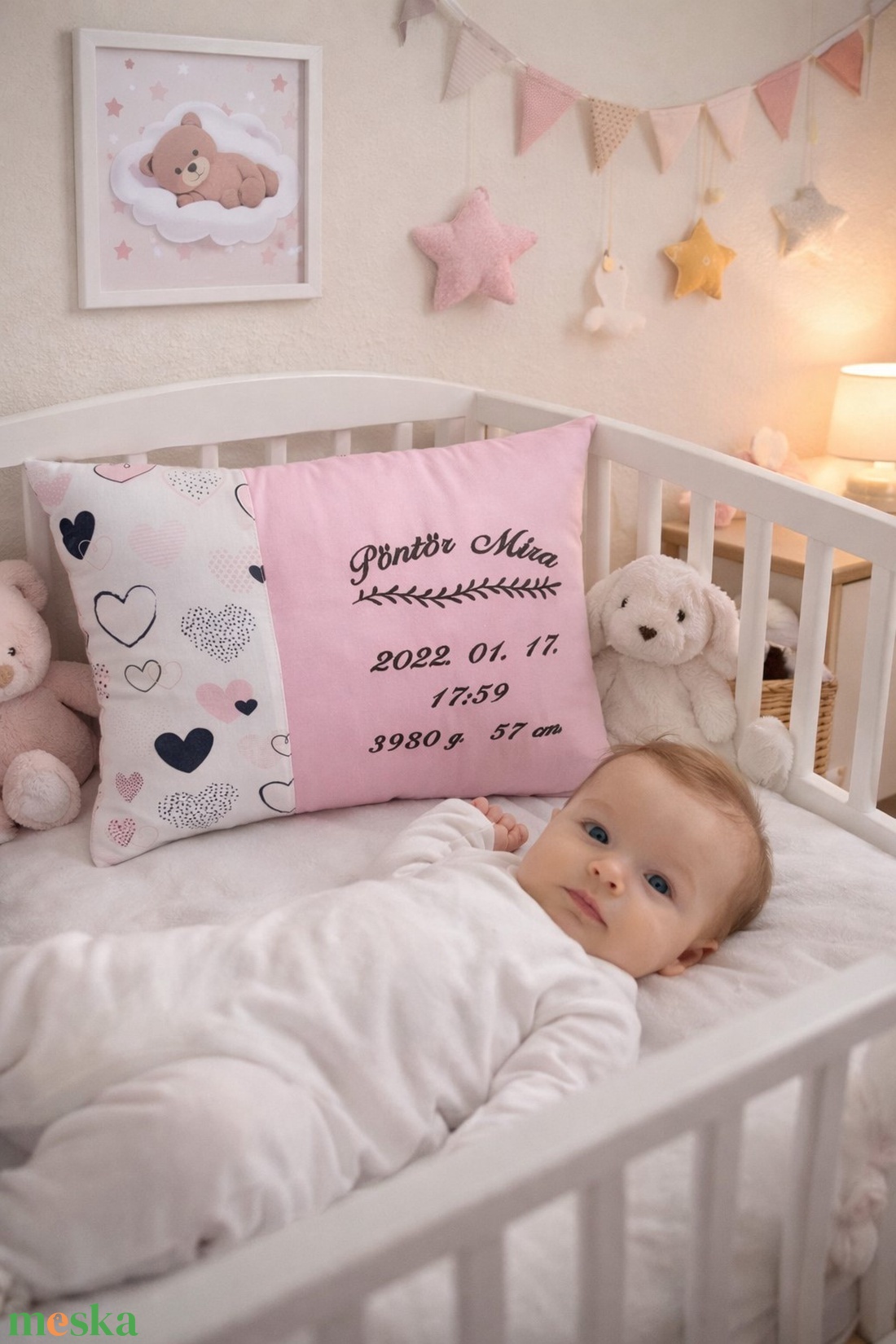 ,,ZOLICA Hímzett születési párna - szívecskés - otthon & életmód - lakástextil - párna & párnahuzat - díszpárna (belsővel együtt) - Meska.hu