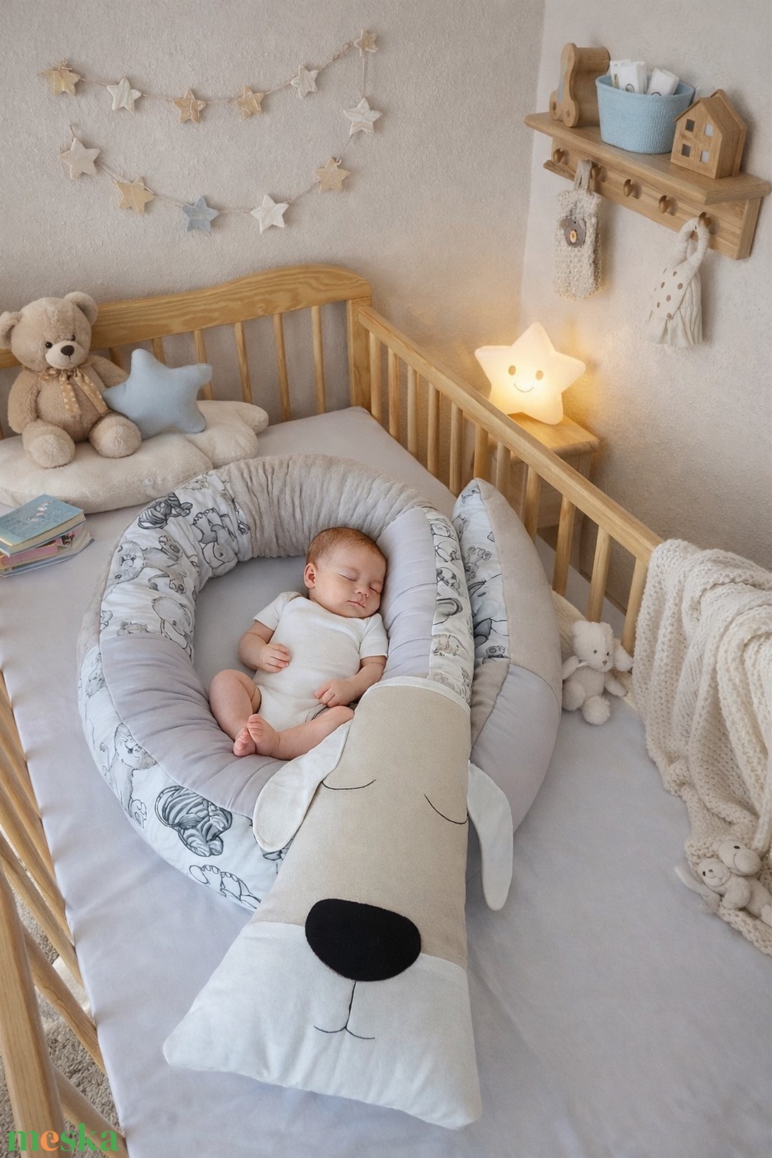 Állatfejes hengerpárna/rácsvédő KUTYUS - Safari, bézs, szürke - baba - mama - baba ágynemű - rácsvédő & baldachin - Meska.hu