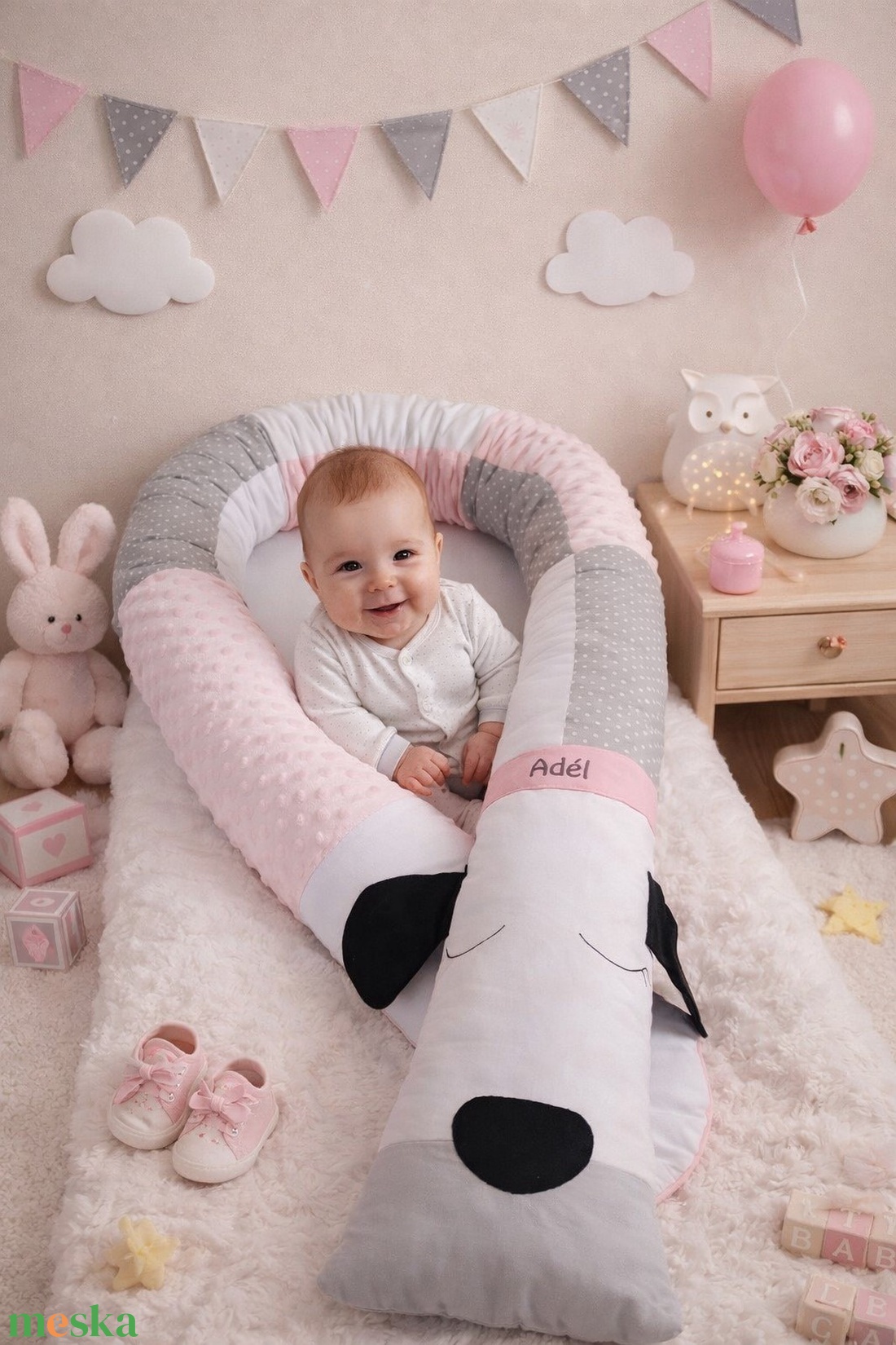 Állatfejes hengerpárna / rácsvédő KUTYUS - szürke, fehér, rózsaszín - baba - mama - baba ágynemű - rácsvédő & baldachin - Meska.hu