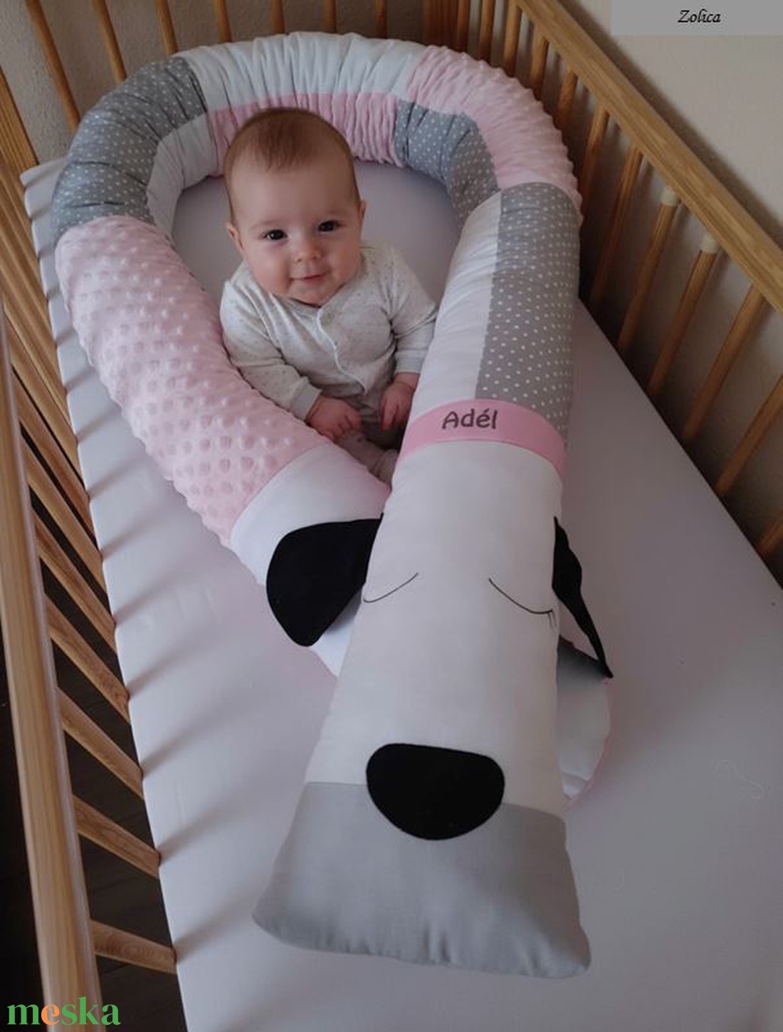 Állatfejes hengerpárna / rácsvédő KUTYUS - szürke, fehér, rózsaszín - baba - mama - baba ágynemű - rácsvédő & baldachin - Meska.hu