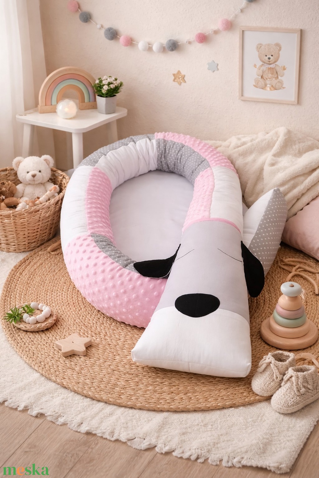 Állatfejes hengerpárna / rácsvédő KUTYUS - szürke, fehér, rózsaszín - baba - mama - baba ágynemű - rácsvédő & baldachin - Meska.hu