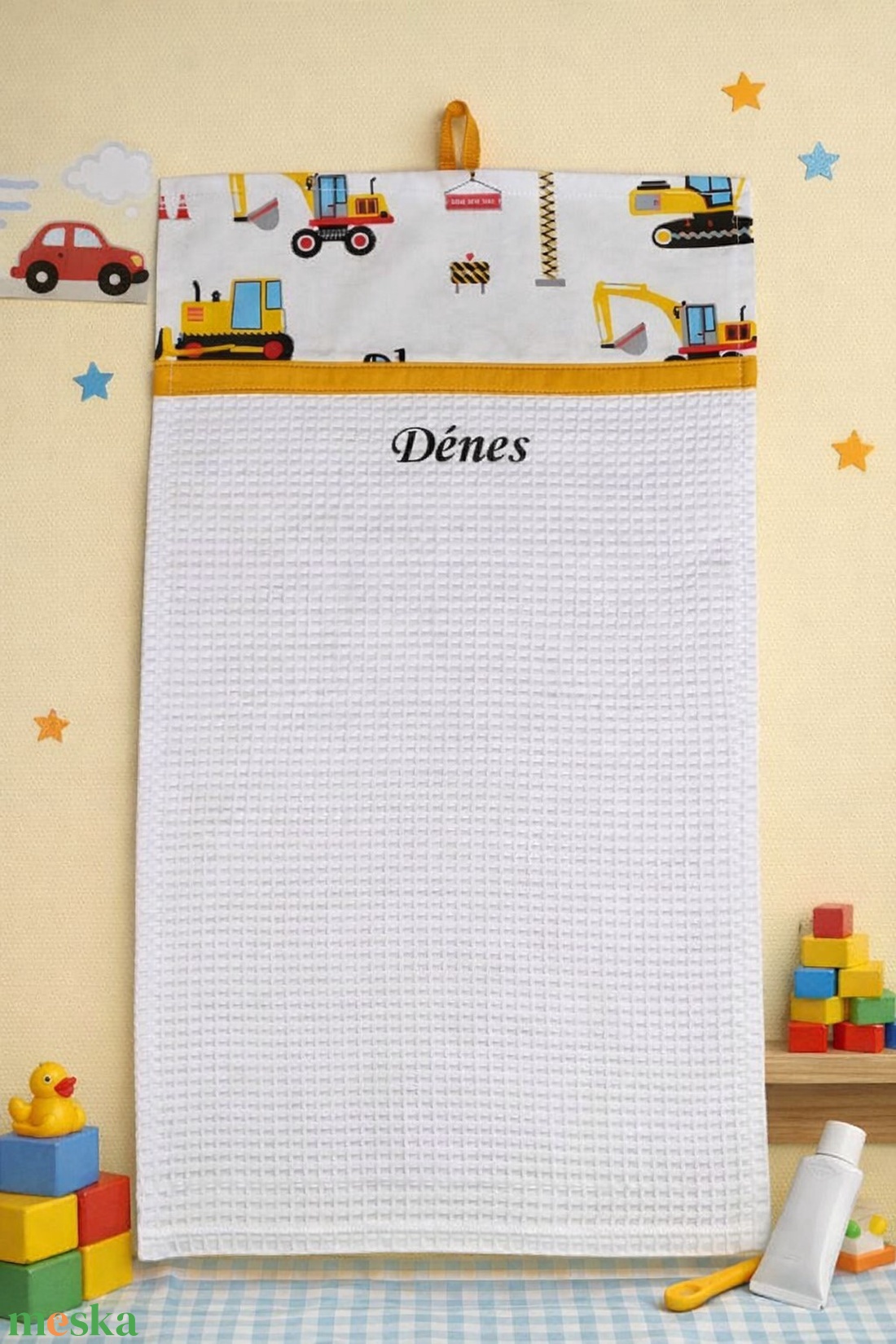 Ovis kéztörlő PRÉMIUM - Sárga munkagépek - játék & sport - ovis felszerelés - egyéb ovis kiegészítő - Meska.hu