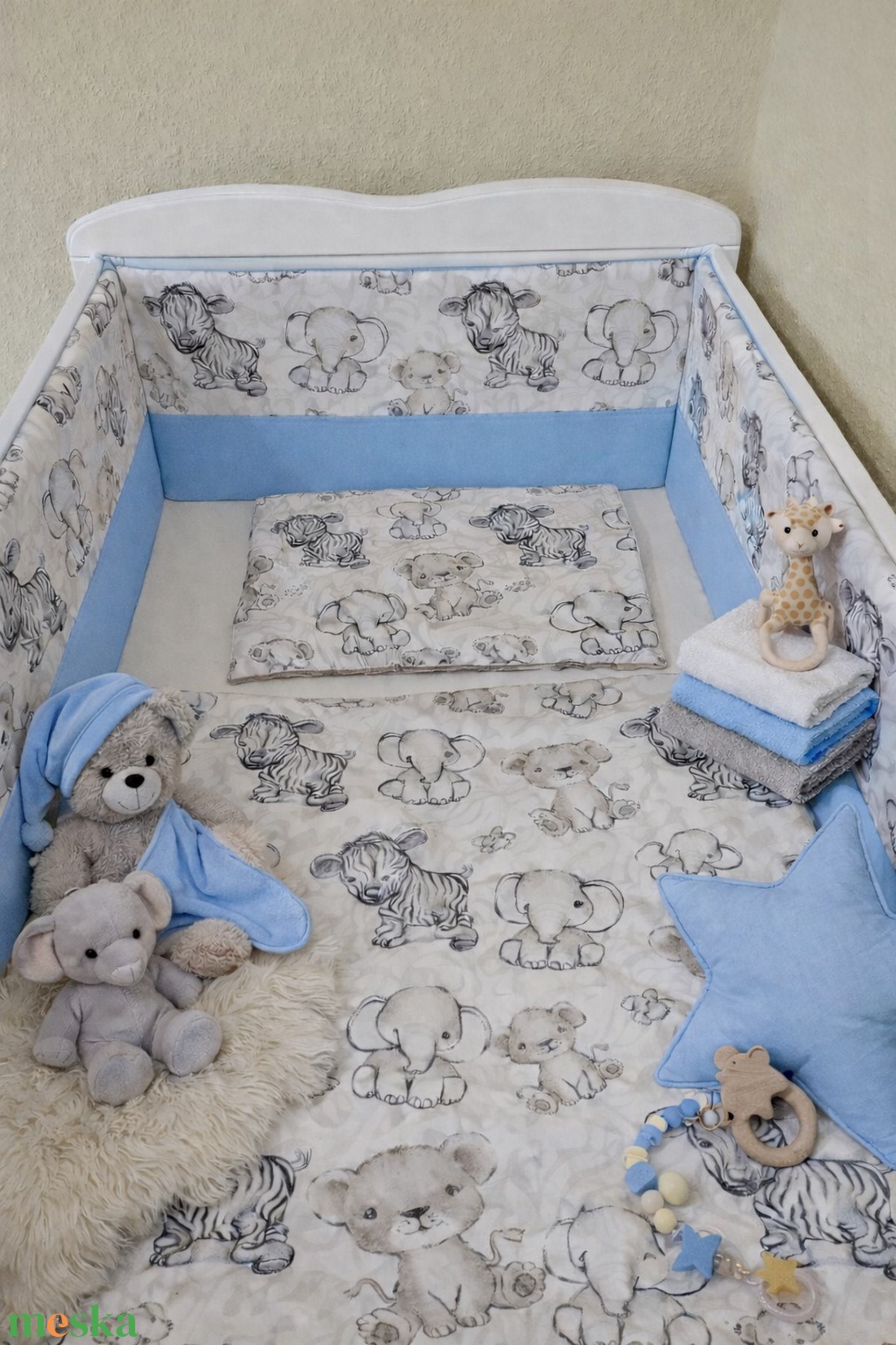 Babaágynemű szett 3 részes - Kék Szavanna - baba - mama - baba ágynemű - rácsvédő & baldachin - Meska.hu