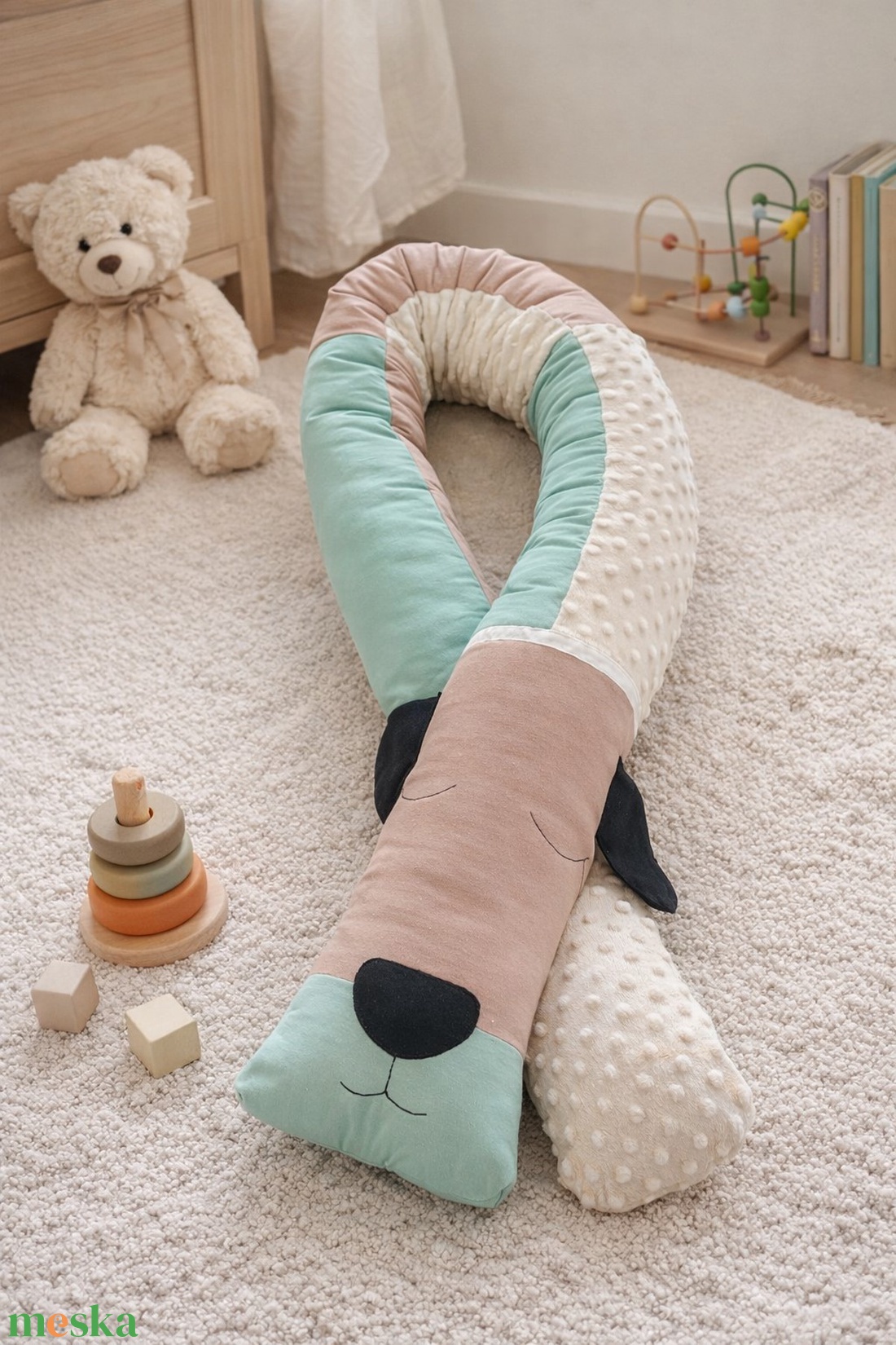 ,,ZOLICA Állatfejes hengerpárna/rácsvédő KUTYUS - barna, menta, bézs - baba - mama - baba ágynemű - rácsvédő & baldachin - Meska.hu