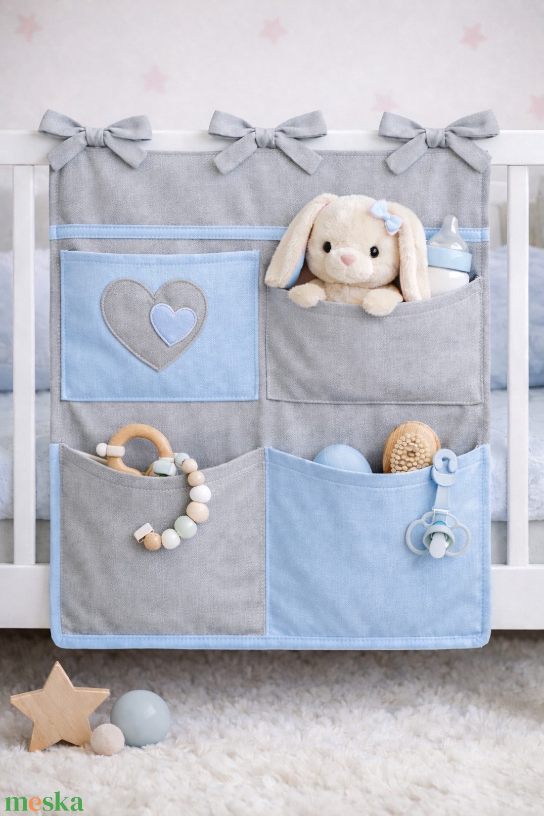 Zsebes tároló - Szürke, kék - baba - mama - baba ágynemű - szett kiságyba - Meska.hu