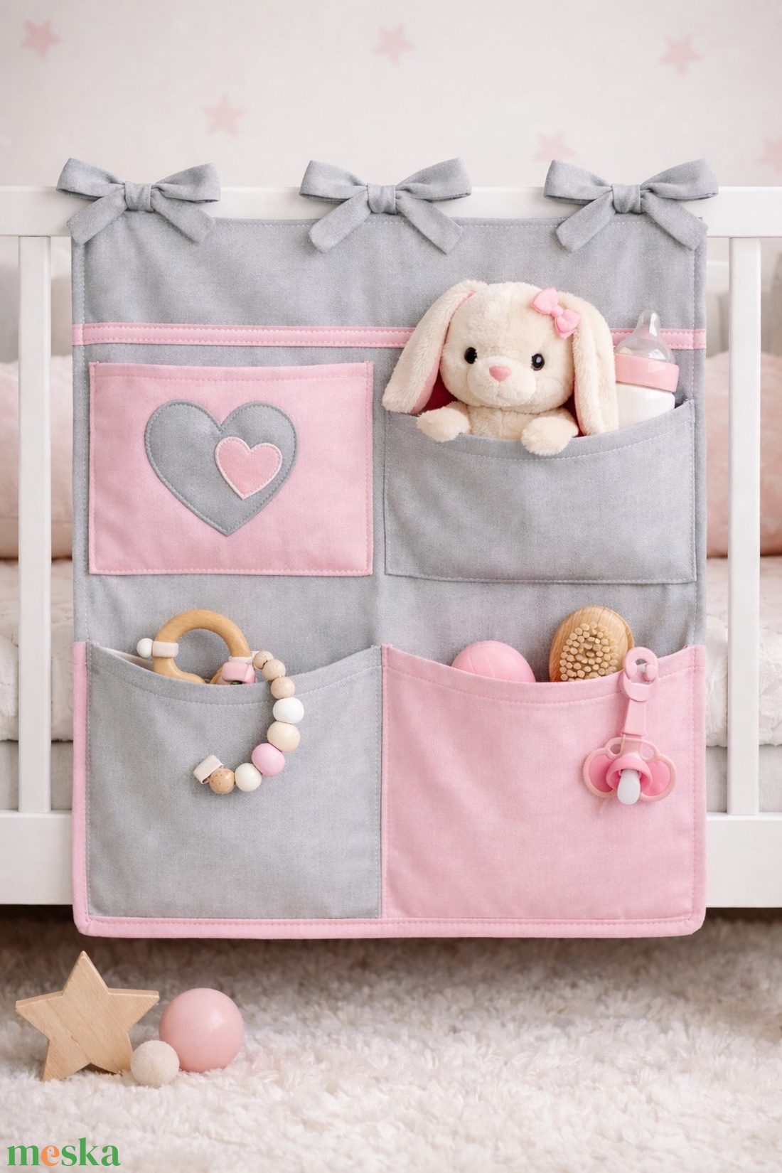Zsebes tároló - Szürke, rózsaszín - baba - mama - baba ágynemű - szett kiságyba - Meska.hu