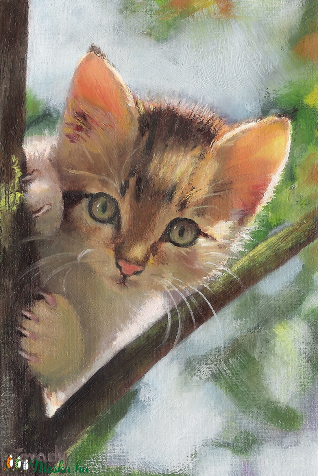 Olajfestmény - cica a fán - művészet - festmény - olajfestmény - Meska.hu