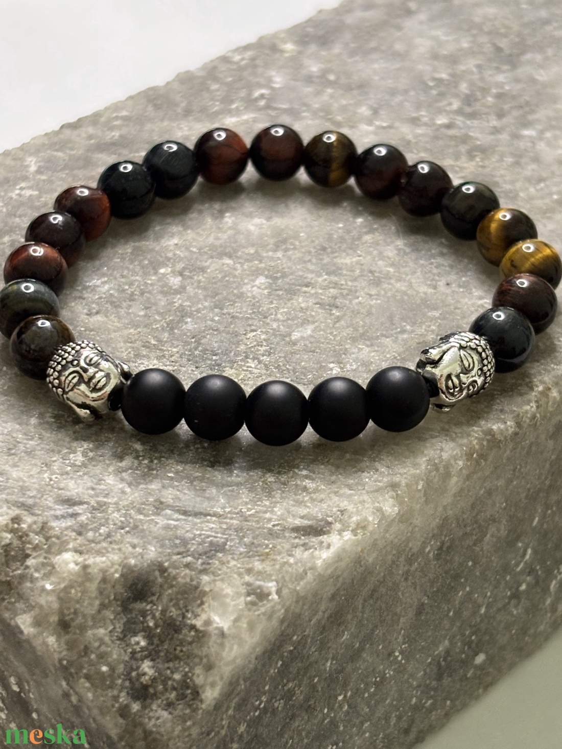 ERŐ - Többszínű tigrisszem  Fekete matt ónix karkötő - ékszer - karkötő - ásványkarkötő - Meska.hu