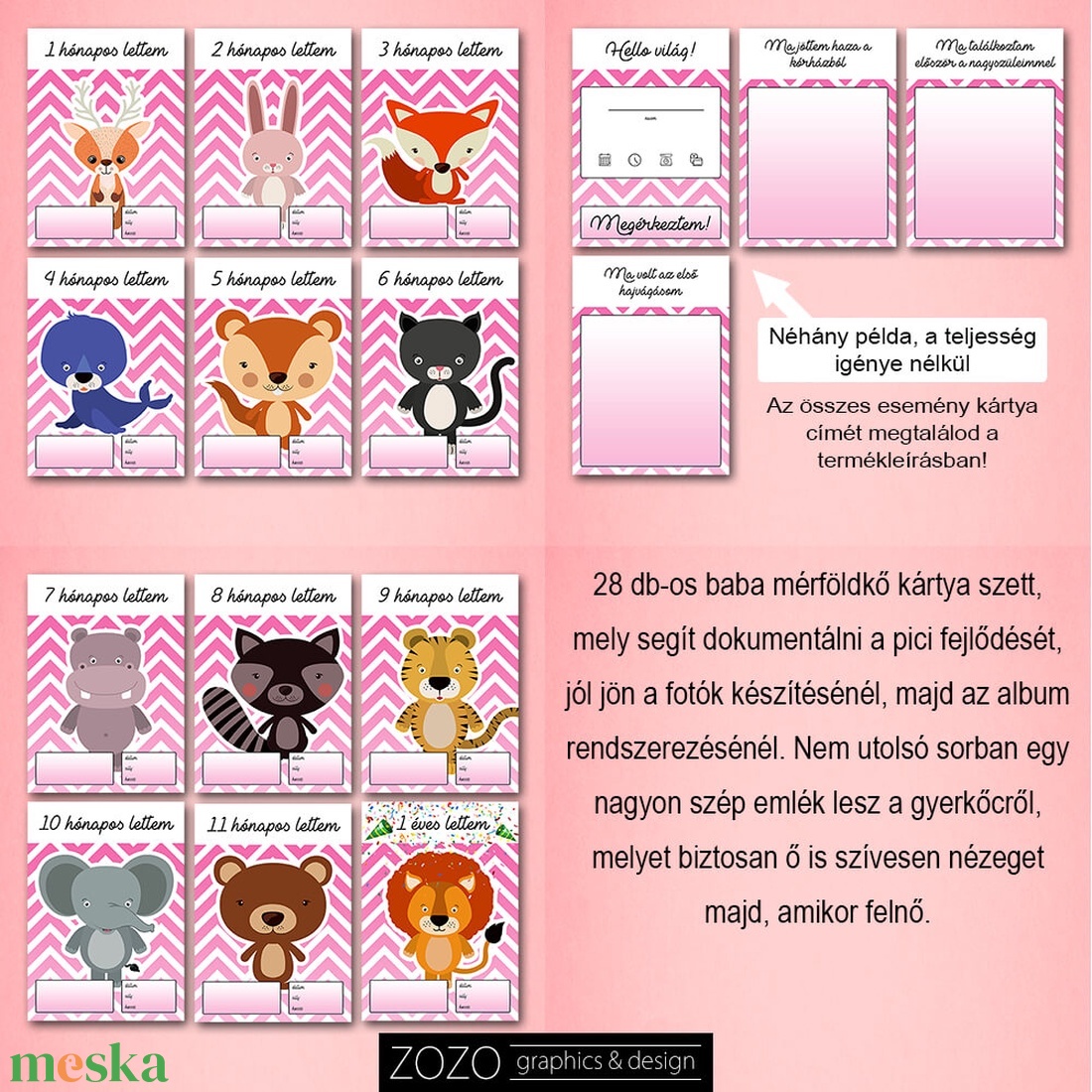 Baba mérföldkő, hónapkártya (lány) 28 db-os / gyerek, újszülött, ajándék, ötlet, babaváró, anya, szülő, cuki, állatos  - játék & sport - babalátogató ajándékcsomag - Meska.hu