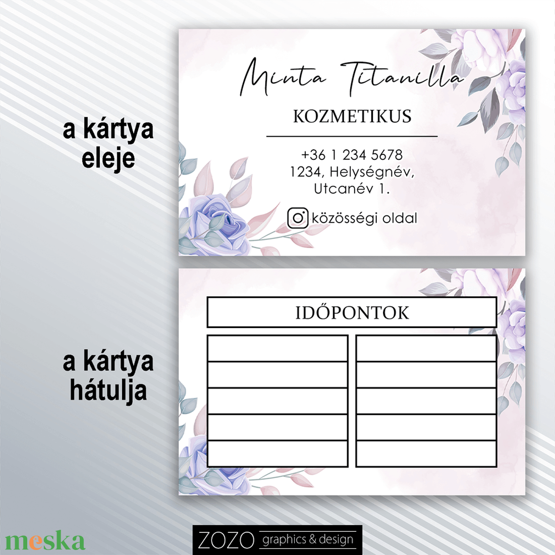 Névjegykártya időpontkártya hűségkártya termékkártya köszönőkártya  kék virágos reklám marketing arculat dizájn - otthon & életmód - papír, írószer - ajándékozás kellékei - ajándékkísérő - Meska.hu