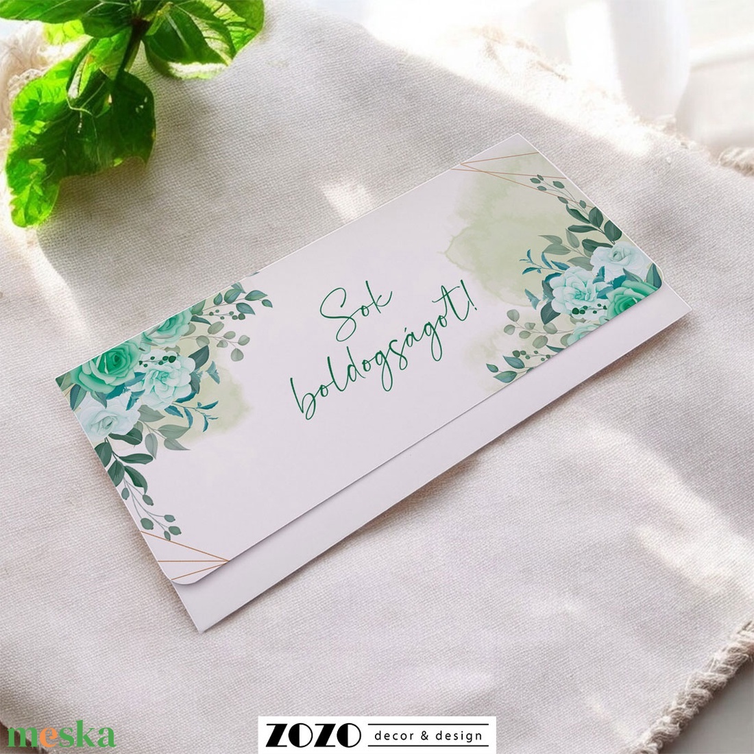 Green Flowers pénzátadó boríték esküvőre egyedi személyre szabható nászajándék születésnap névnap ballagás diploma - esküvő - emlék & ajándék - nászajándék - esküvői pénzátadó boríték, kártya - Meska.hu