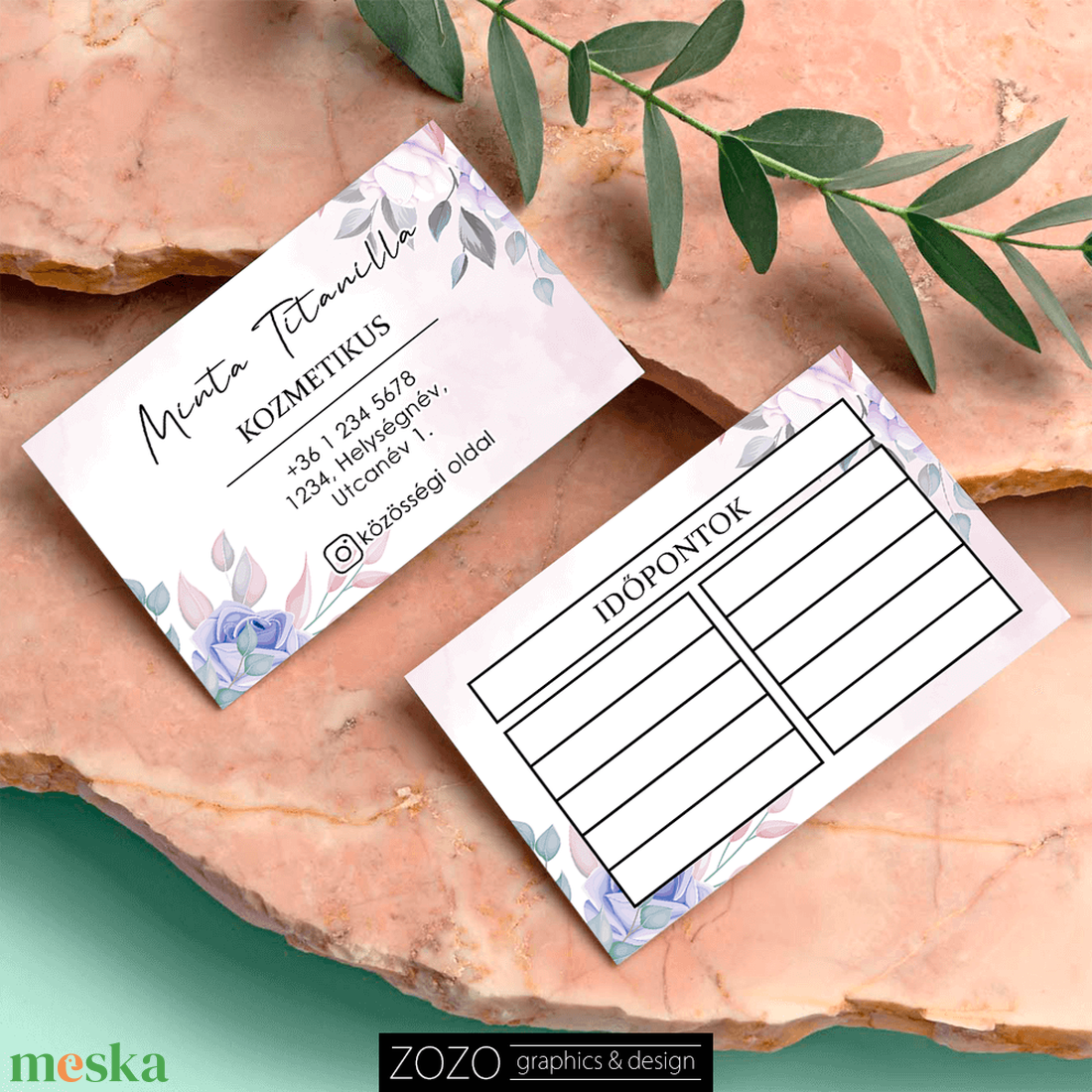 Névjegykártya időpontkártya hűségkártya termékkártya köszönőkártya  kék virágos reklám marketing arculat dizájn - otthon & életmód - papír, írószer - névjegykártya - Meska.hu