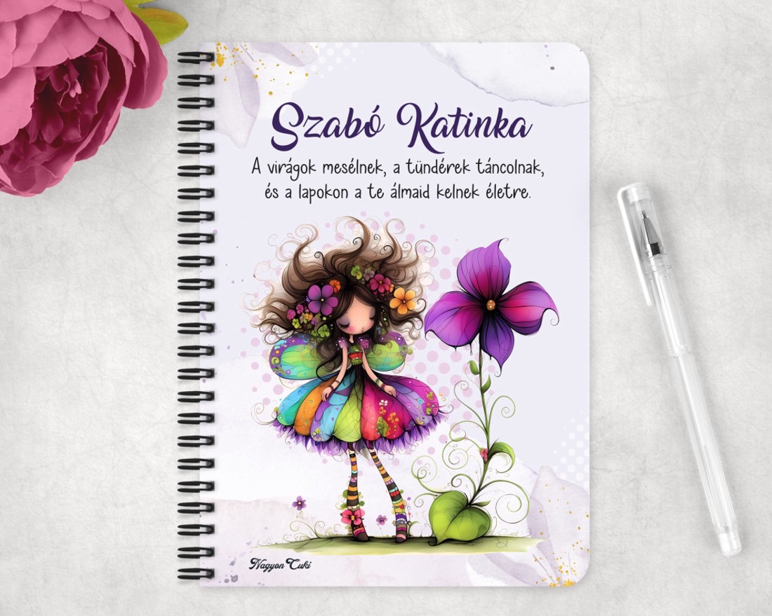 Személyre szabható - Bájos ibolya virágos tündér mintás A6-os füzet - otthon & életmód - papír, írószer - jegyzetfüzet & napló - Meska.hu