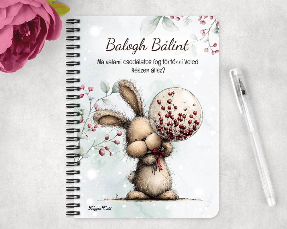 Személyre szabható - Cuki téli nyuszi gömbbel mintás A6-os füzet - otthon & életmód - papír, írószer - jegyzetfüzet & napló - Meska.hu