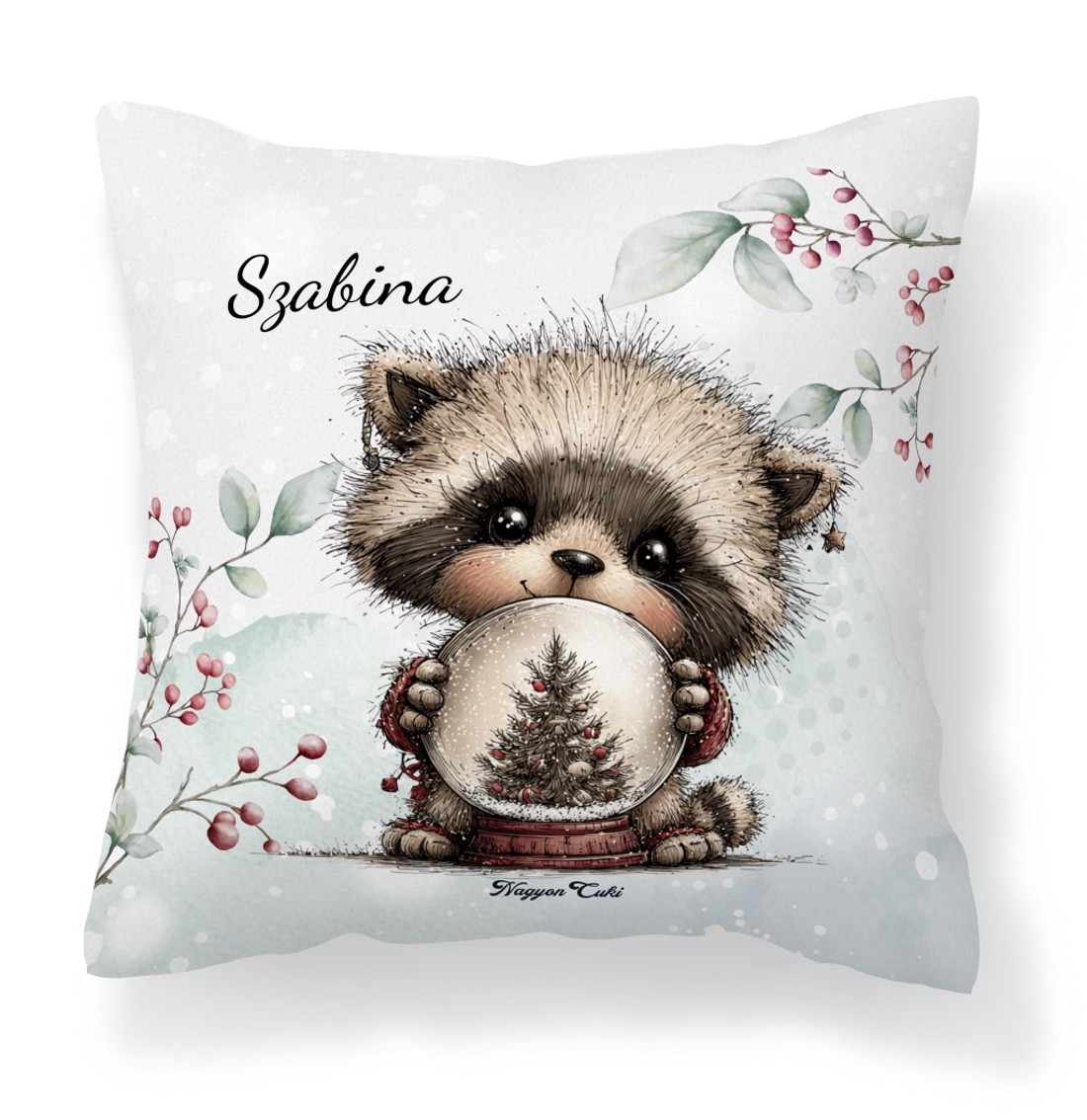 Névvel kérhető - Cuki téli mosómaci hógömbbel mintás párna - otthon & életmód - lakástextil - párna & párnahuzat - díszpárna (belsővel együtt) - Meska.hu