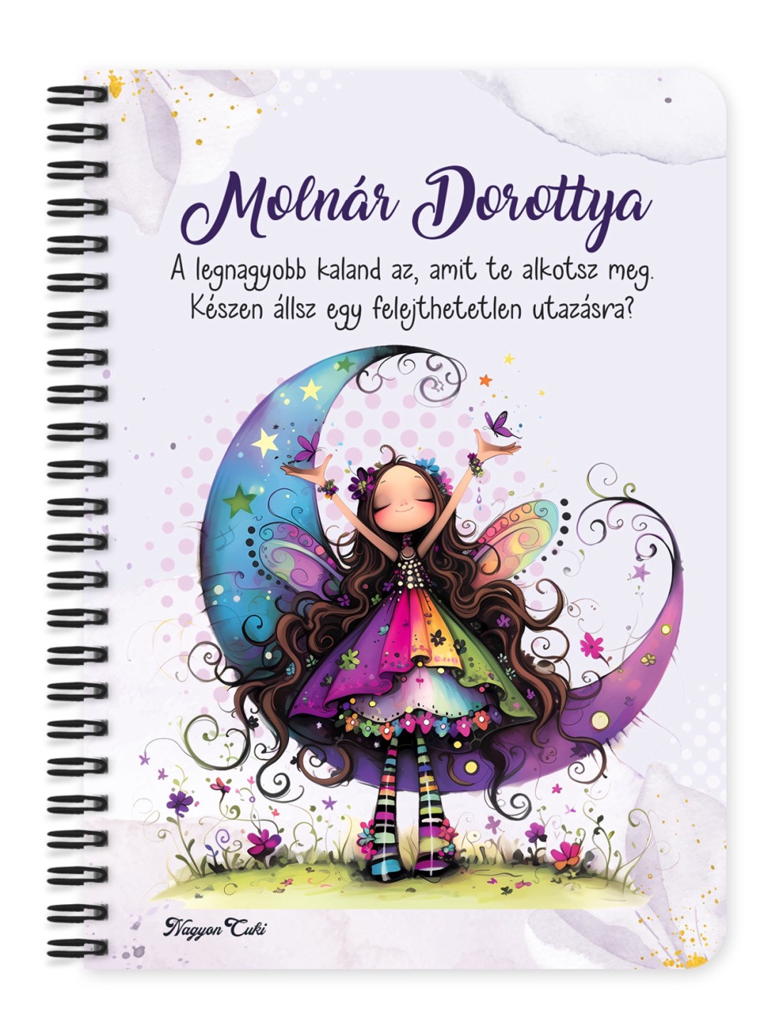 Személyre szabható - Aranyos lila virágos tündér és a hold mintás A6-os füzet - otthon & életmód - papír, írószer - jegyzetfüzet & napló - Meska.hu
