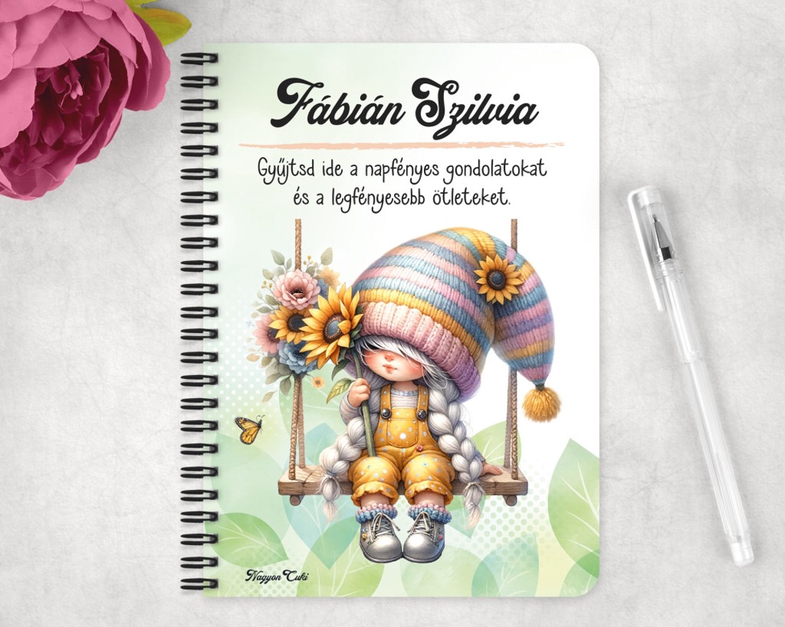 Személyre szabható - Hintázós napraforgós manó lány mintás A6-os füzet - otthon & életmód - papír, írószer - jegyzetfüzet & napló - Meska.hu