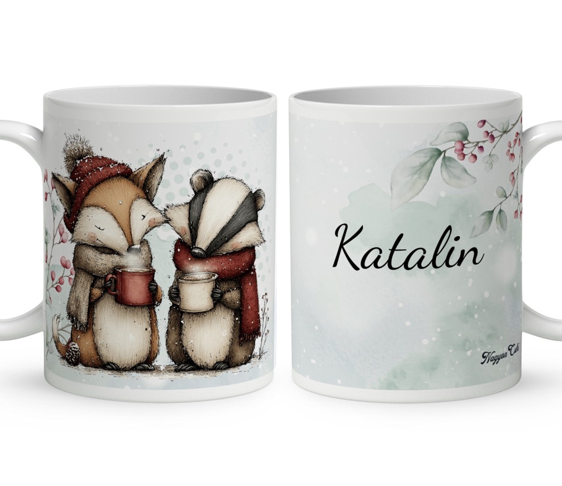 Névvel kérhető - Cuki téli róka és a borz kávéval mintás bögre - otthon & életmód - konyhafelszerelés, tálalás - tálalás - bögre & csésze - Meska.hu