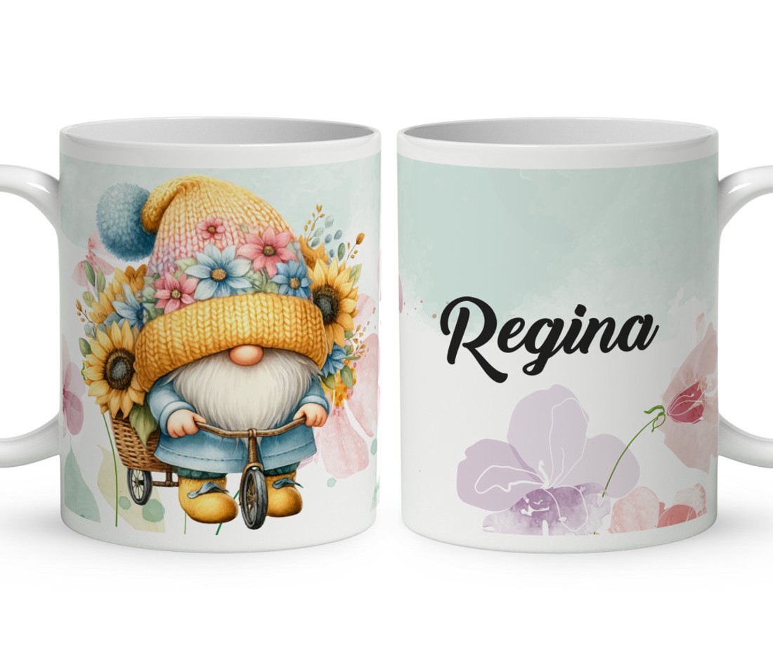 Névvel kérhető - Kerékpáros napraforgós manó mintás bögre - otthon & életmód - konyhafelszerelés, tálalás - tálalás - bögre & csésze - Meska.hu