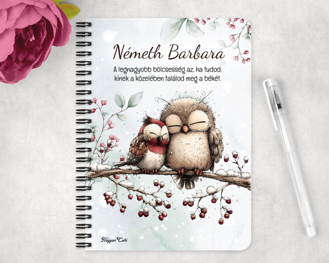 Személyre szabható - Cuki téli baglyocskák mintás A6-os füzet - otthon & életmód - papír, írószer - jegyzetfüzet & napló - Meska.hu