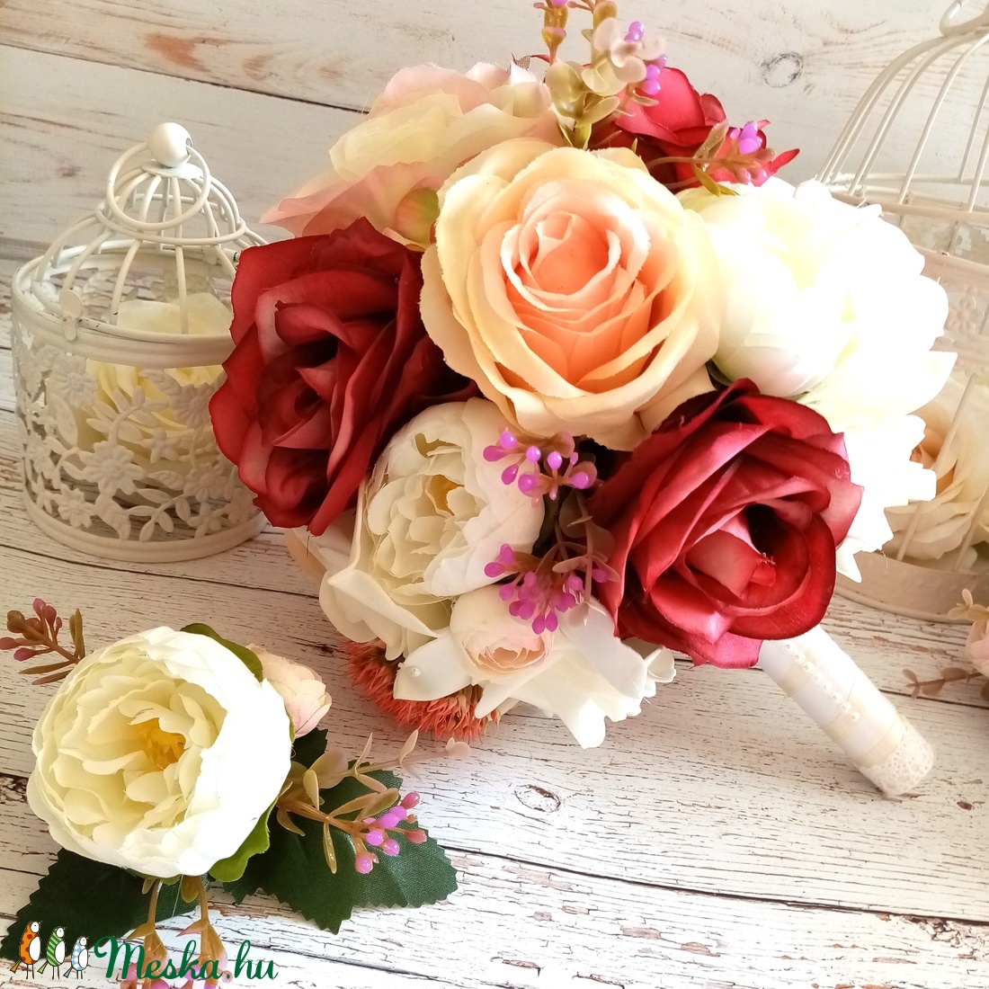Vintage romantikus rózsás selyemcsokor - esküvő - menyasszonyi- és dobócsokor - Meska.hu