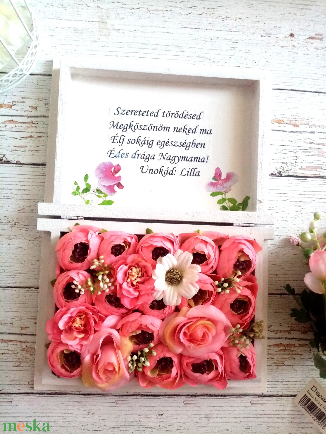 Nagymama rózsaszin virágbox - esküvő - emlék & ajándék - szülőköszöntő ajándék - Meska.hu