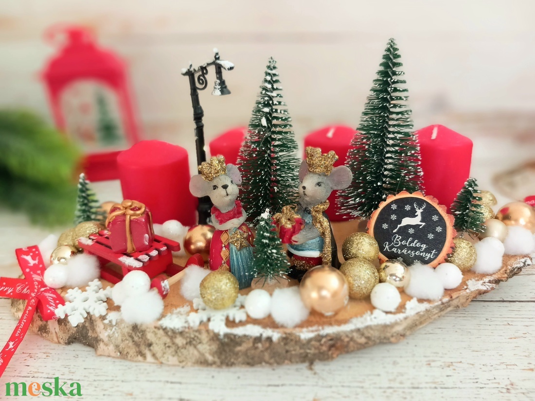 Egérkék karácsonya faszelet asztaldísz - karácsony - adventi díszek - adventi koszorú - Meska.hu