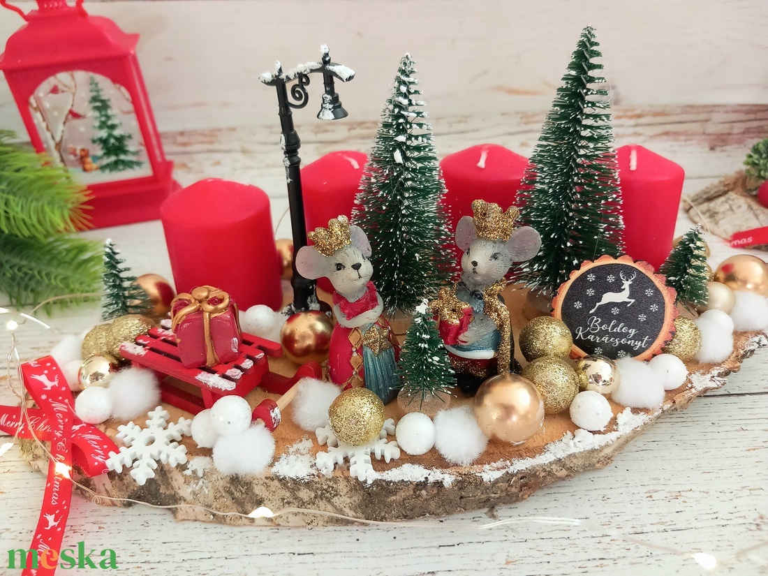 Egérkék karácsonya faszelet asztaldísz - karácsony - adventi díszek - adventi koszorú - Meska.hu
