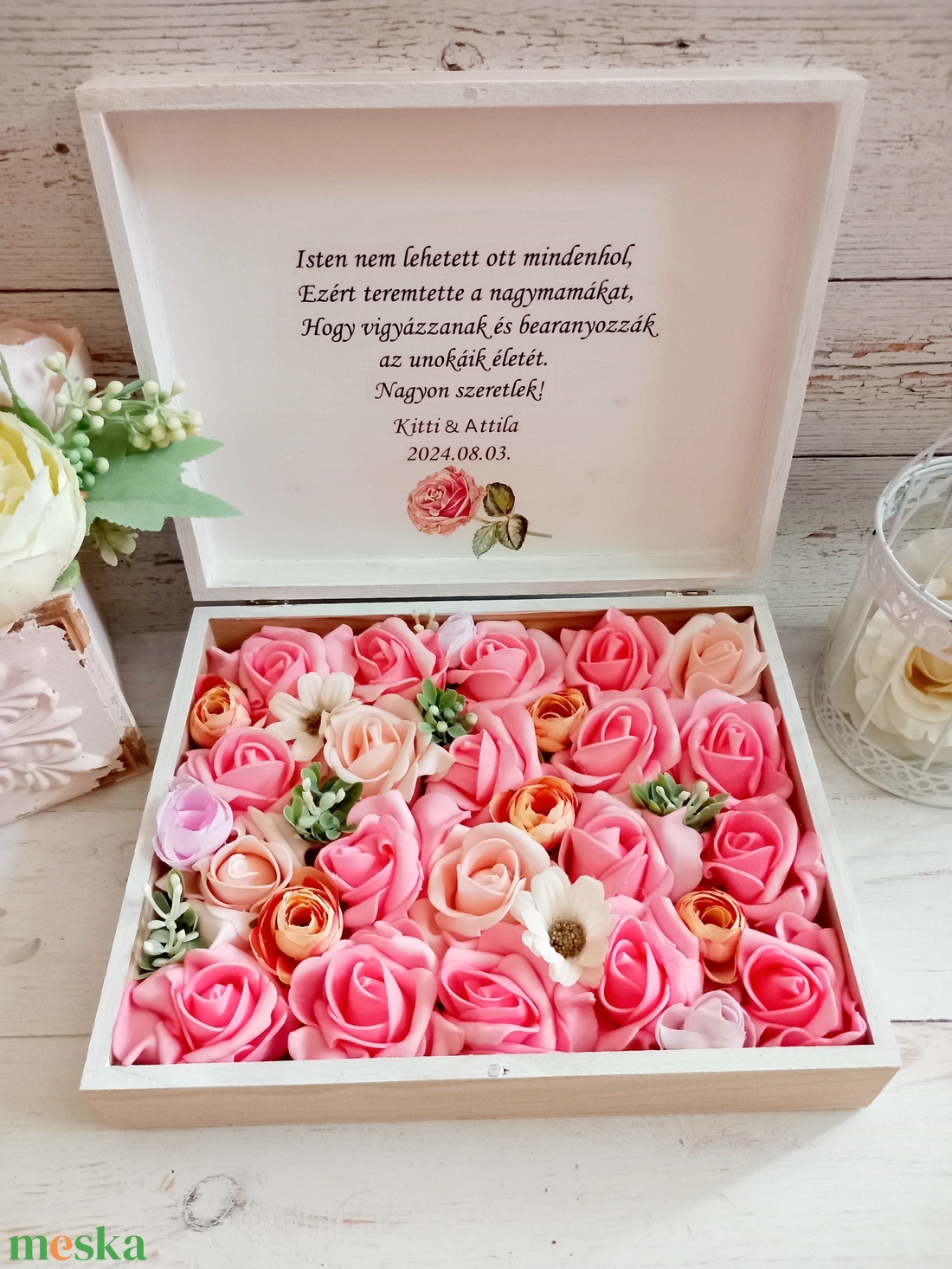 Nagymamás nagy méretü Habrózsás örök virágbox - esküvő - emlék & ajándék - szülőköszöntő ajándék - Meska.hu