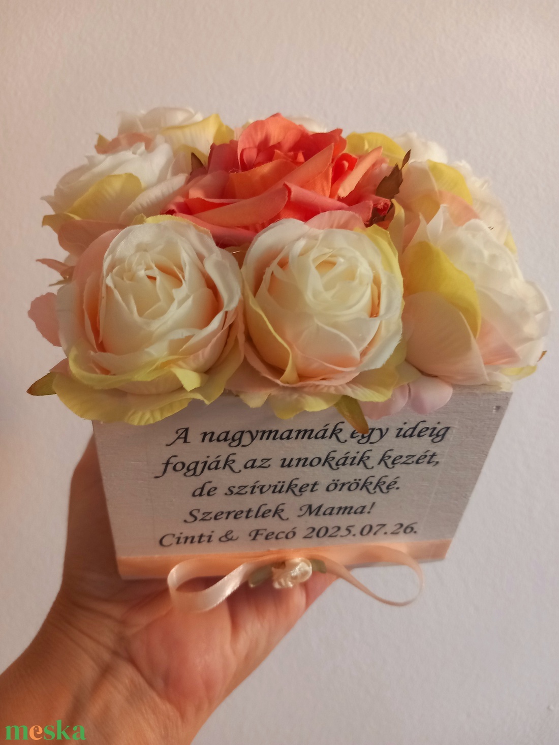 Nagymamás selyemrózsás virágbox - esküvő - emlék & ajándék - köszönőajándék - Meska.hu
