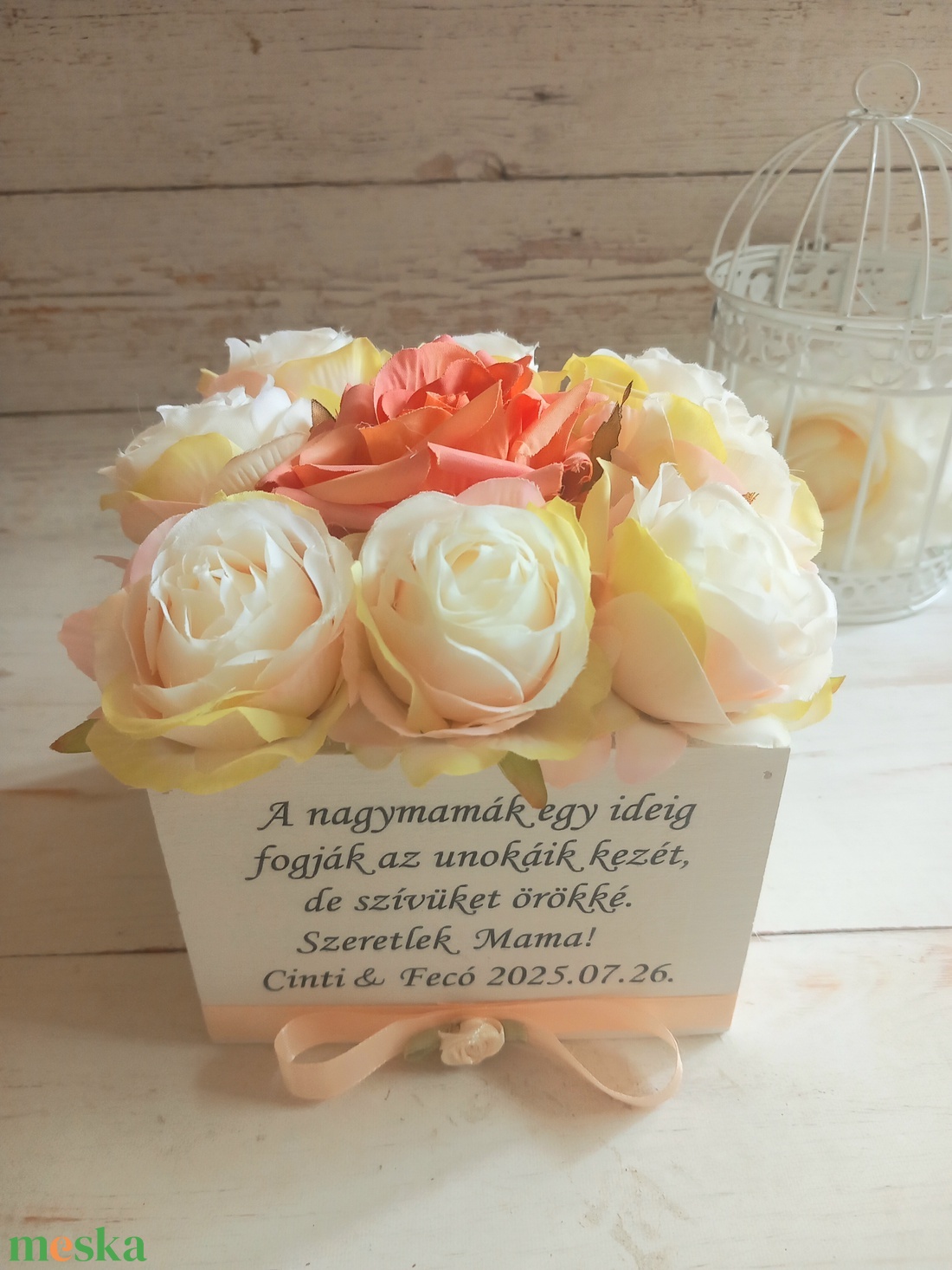 Nagymamás selyemrózsás virágbox - esküvő - emlék & ajándék - köszönőajándék - Meska.hu