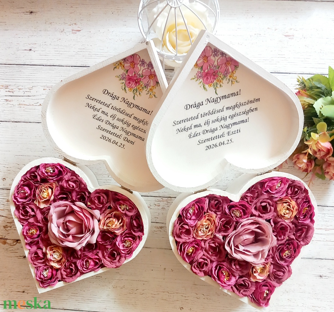Szív Nagymamás szöveges virágbox - esküvő - emlék & ajándék - szülőköszöntő ajándék - Meska.hu