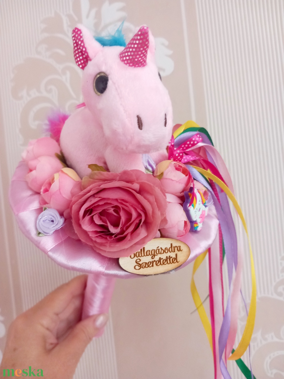 Unikornis plüss ballagási csokor - otthon & életmód - virágdekoráció - virágok - virágcsokor - Meska.hu