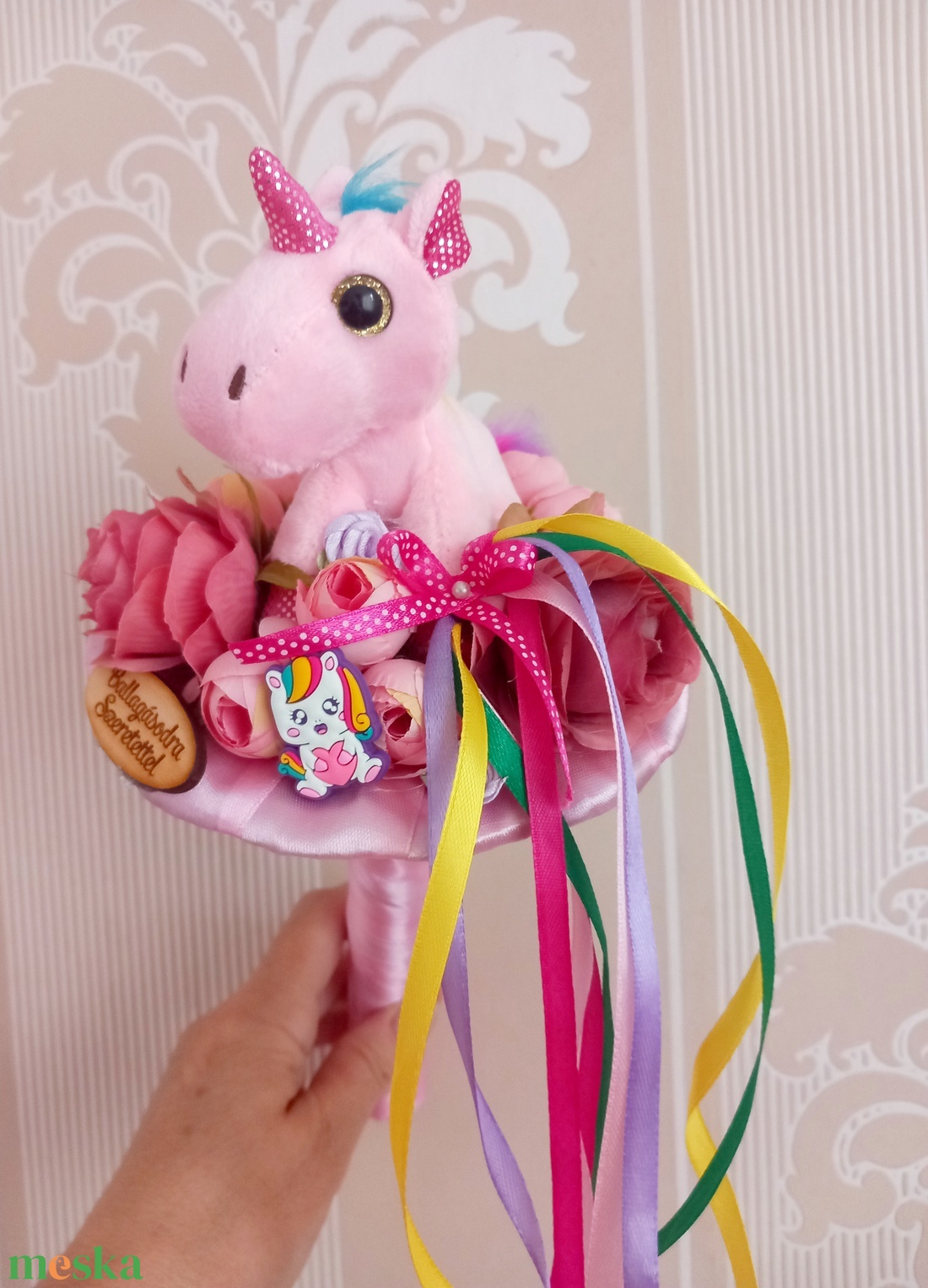 Unikornis plüss ballagási csokor - otthon & életmód - virágdekoráció - virágok - virágcsokor - Meska.hu