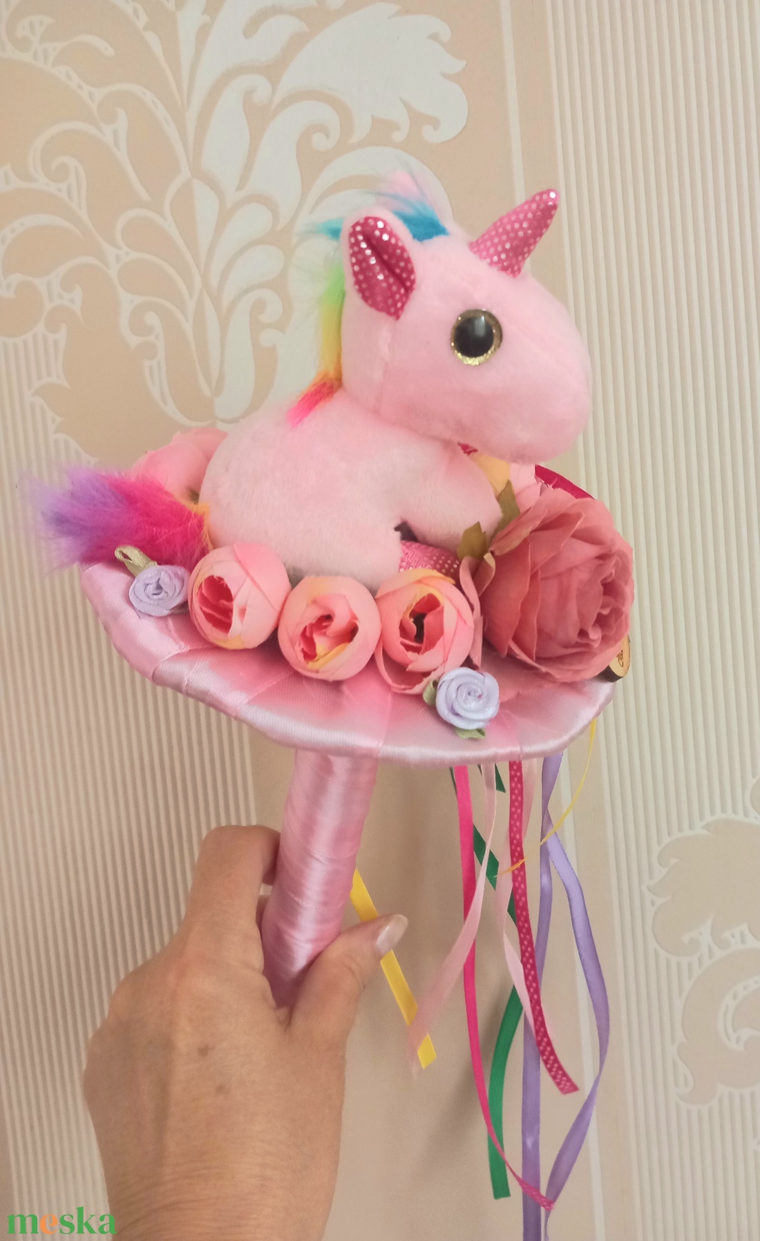 Unikornis plüss ballagási csokor - otthon & életmód - virágdekoráció - virágok - virágcsokor - Meska.hu
