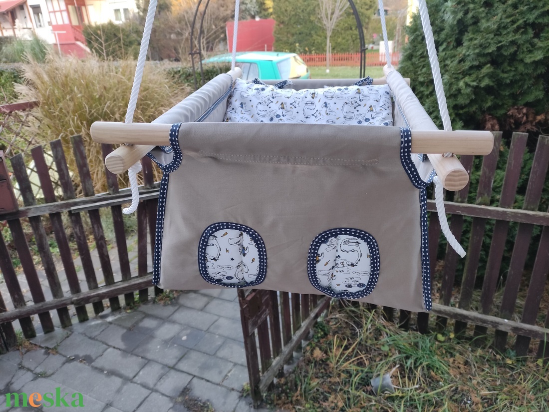 100% pamut drapp-kék dinós hinta - játék & sport - hinta & kerti játék - Meska.hu