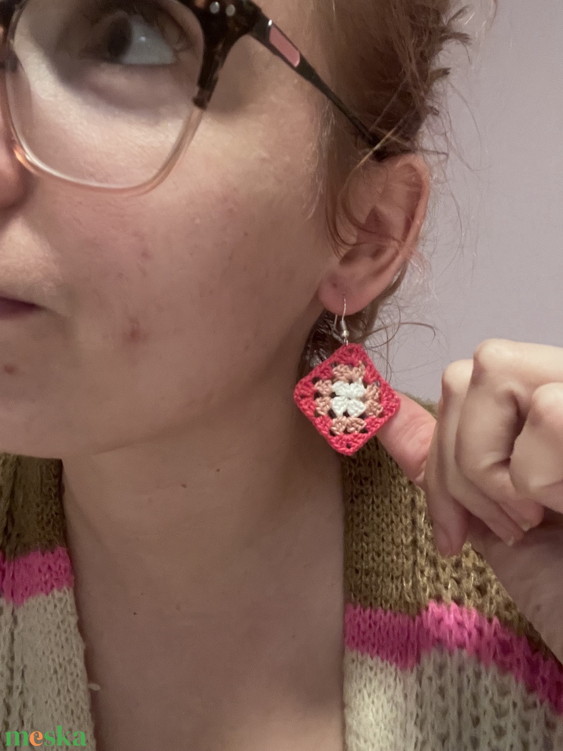 Horgolt nagyi kocka fülbevaló � romantikus rózsaszín árnyalatok - ékszer - fülbevaló - lógó fülbevaló - Meska.hu