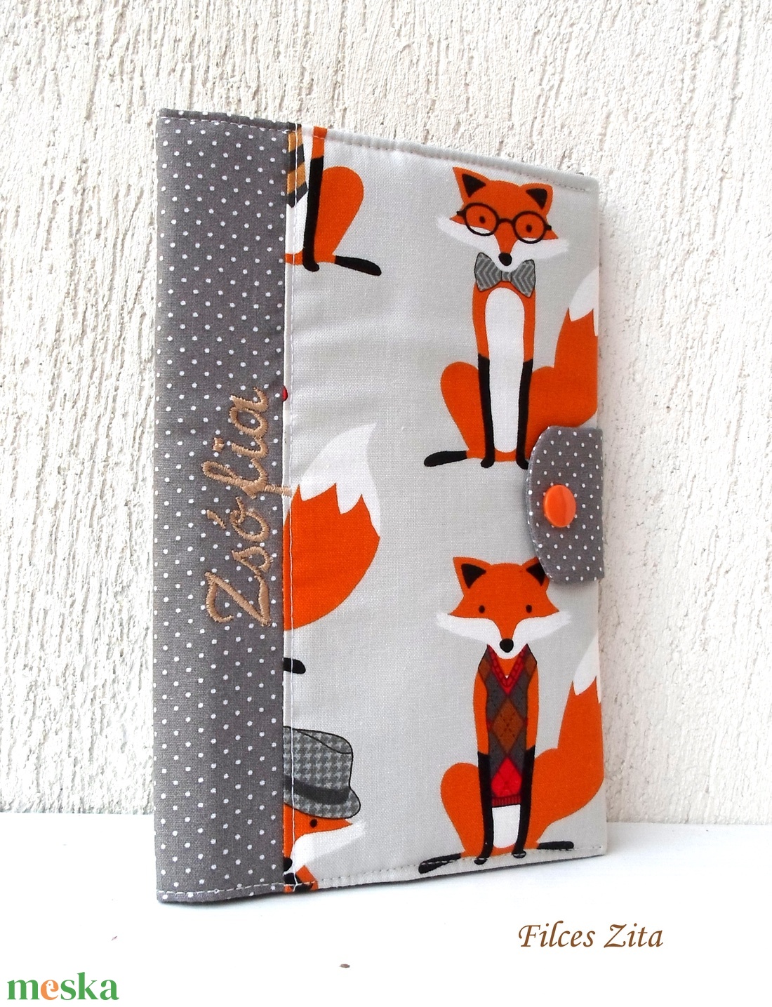 Rókás egészségügyi kiskönyv borító - textil eü borító hímzett névvel - otthon & életmód - papír, írószer - könyv- és füzetborító - Meska.hu