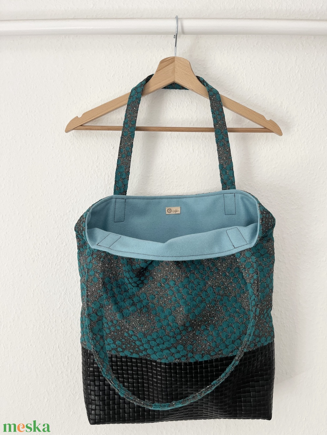 Bőr aljú türkiz pöttyös tote bag - táska & tok - kulcstartó & táskadísz - kulcstartó - Meska.hu