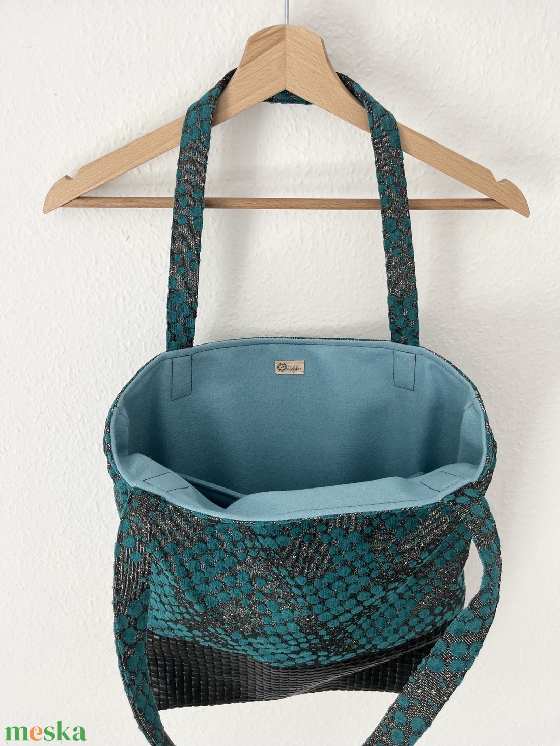 Bőr aljú türkiz pöttyös tote bag - táska & tok - kulcstartó & táskadísz - kulcstartó - Meska.hu
