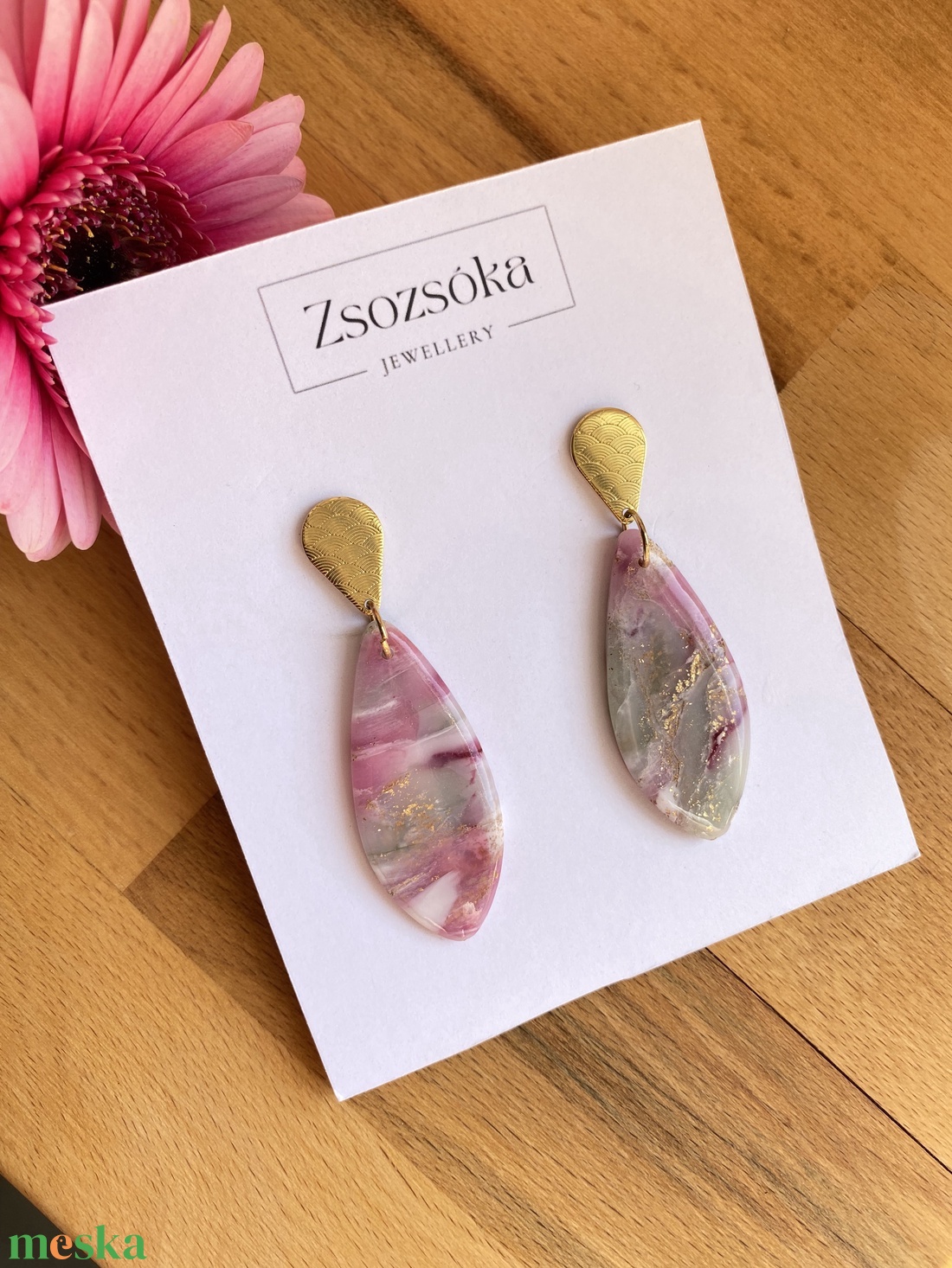 Pink marble - ékszer - fülbevaló - lógó fülbevaló - Meska.hu