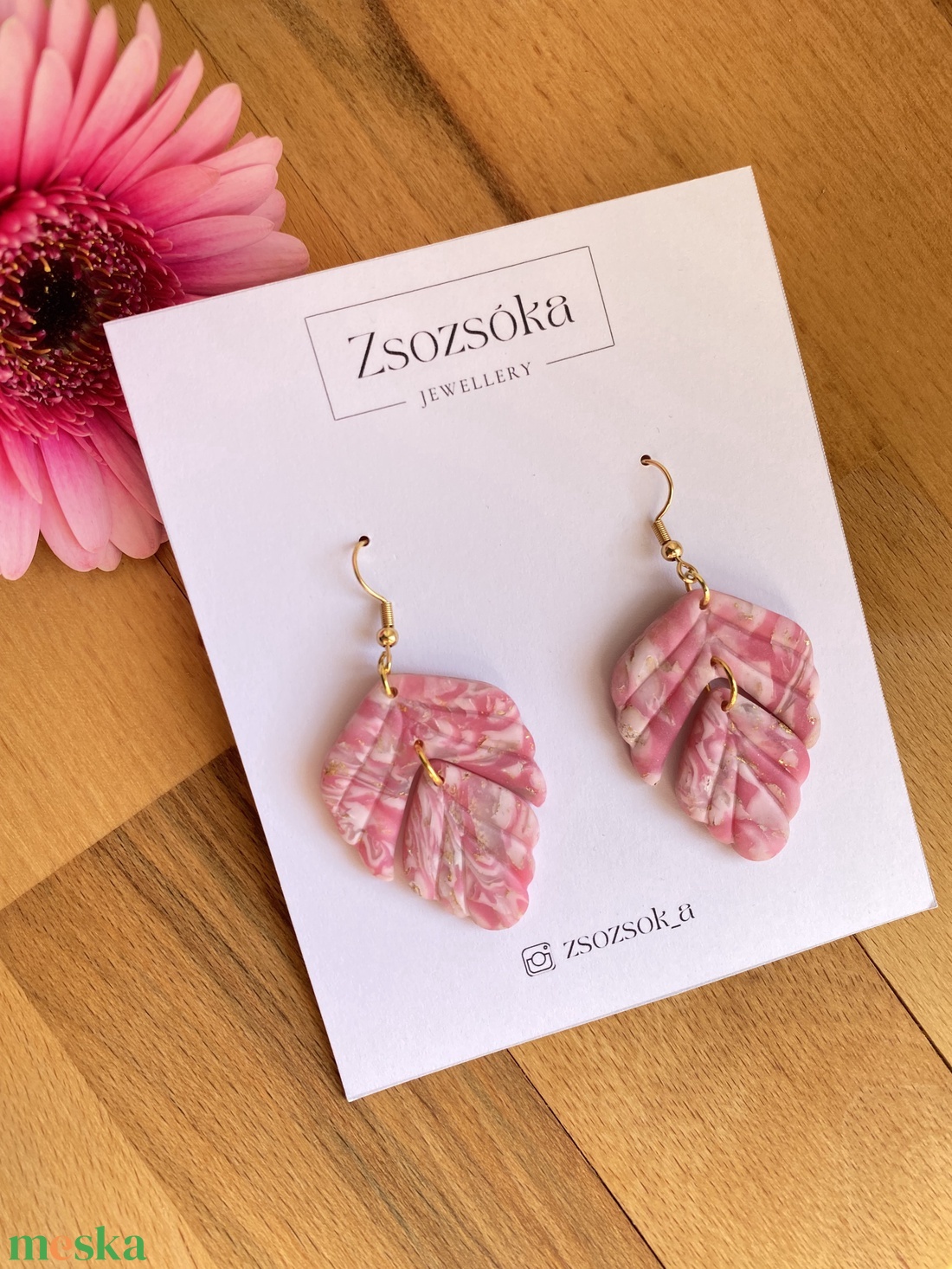 Pink Marble Leaves - ékszer - fülbevaló - lógó fülbevaló - Meska.hu